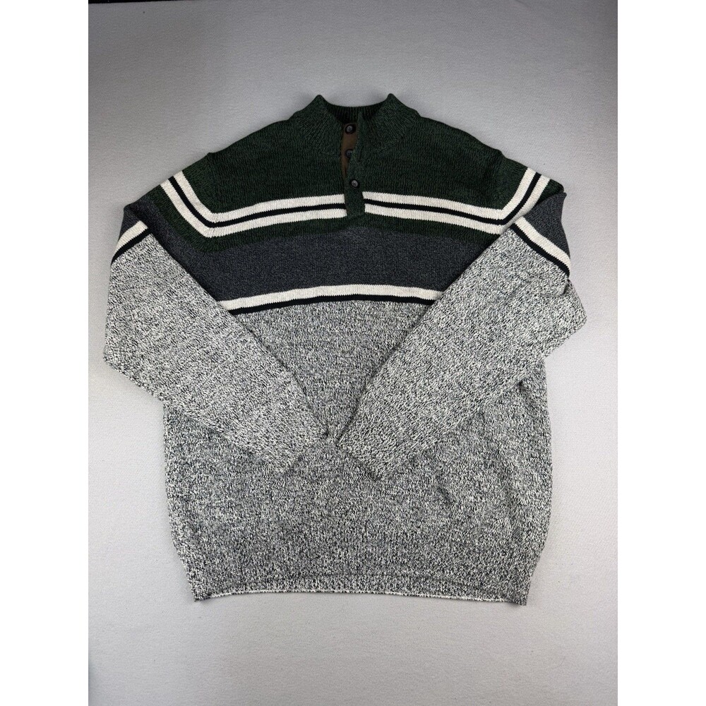 Chaps Mens Sweater XXL Colorblock Stripe Green Gray Knit Mock Neck Pullover